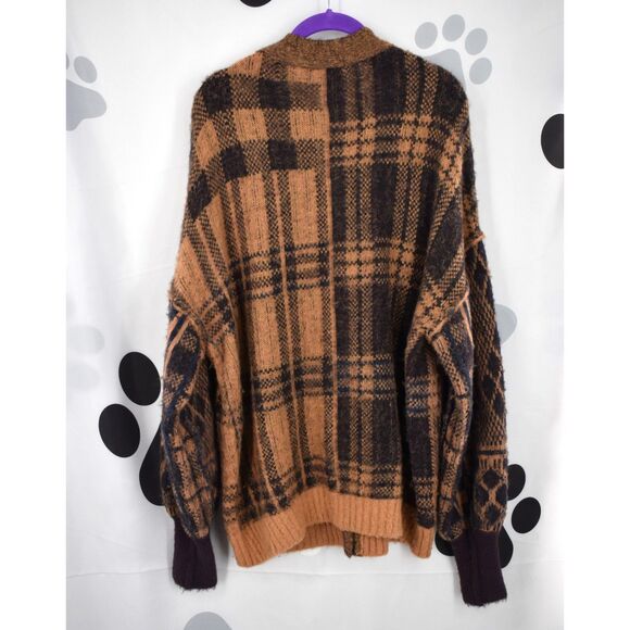 Free People NWT Sepia Plaid Jacquard Oversize Cardigan Birchwood Combo Medium - Picture 4 of 8